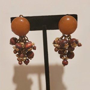 Boho Amber and Wood Bead Cluster Clip On Earrings